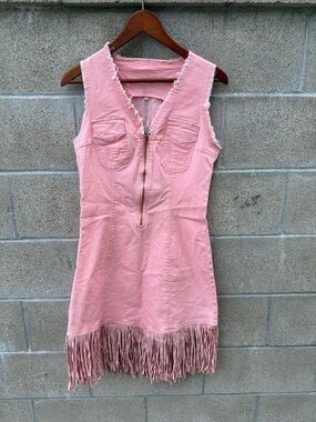 Fringed Pink Mini Dress with Front Zip